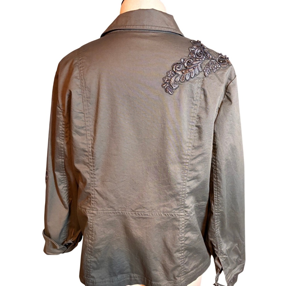Chico's Utility Jacket Womens 2P Olive Green Excellent Beaded Floral Embroidery - Picture 4 of 9